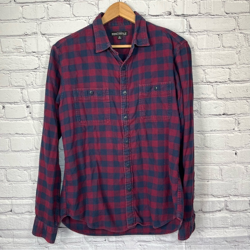 J. Crew Mercantile Plaid Button Up Flannel Shirt Mens Size Medium Blue Red